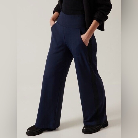 Athleta Venice Colorblock Wide Leg Pant Navy/Black Stripe Large Gym Athleisure - Picture 1 of 16